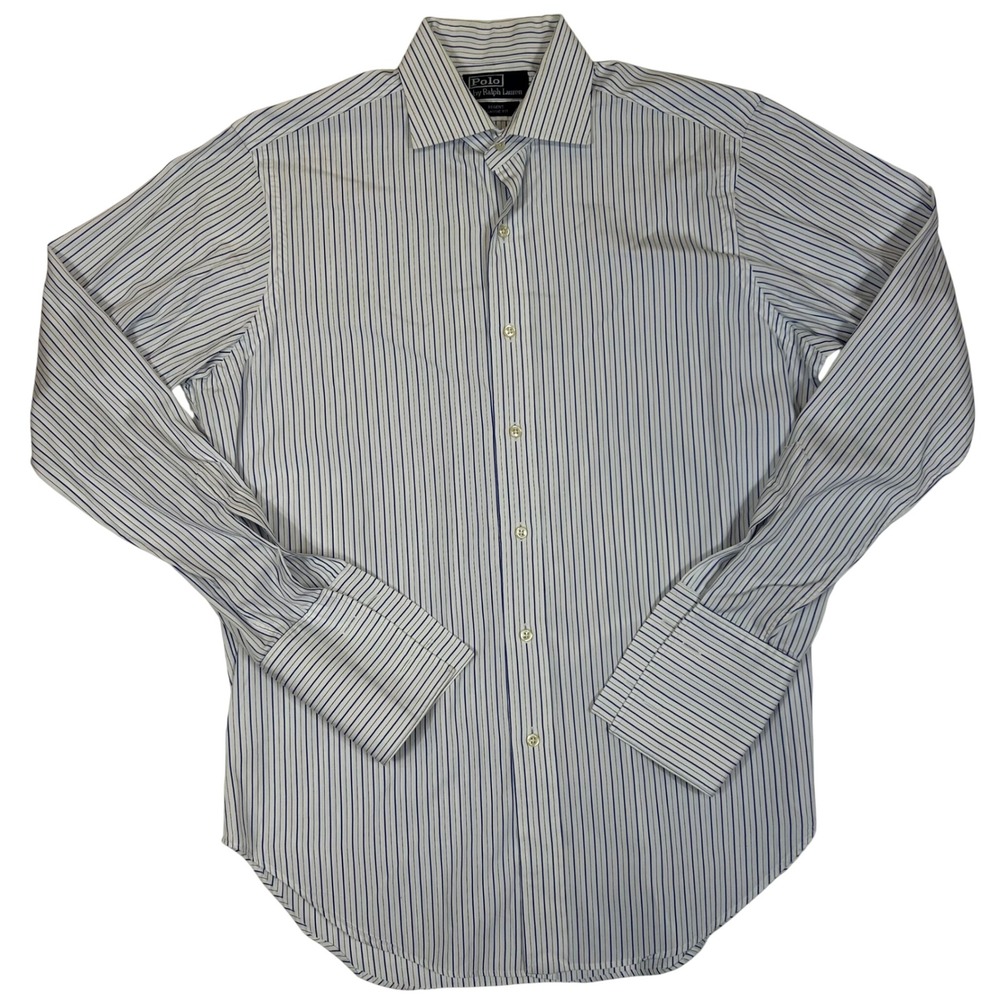 VTG Polo Ralph Lauren Regent Classic Fit Mens Blue White Striped Dress Shirt
